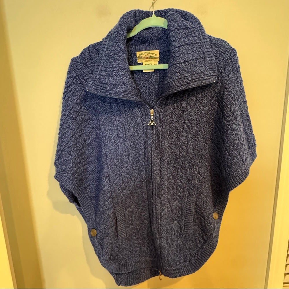 Aran Crafts Blue Cable Knit 100% Merino Wool Zip Front Poncho XXS (oversized) - Picture 2 of 11